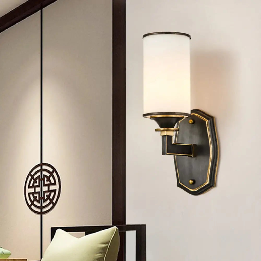 Milk Glass Wall Sconce Countryside 1/2-Light Corridor Fixture - Black/Gold Right Angle Arm 1 /