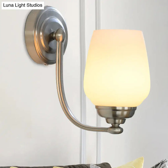 Milk Glass Wall Sconce Light In Nickel For Stairways