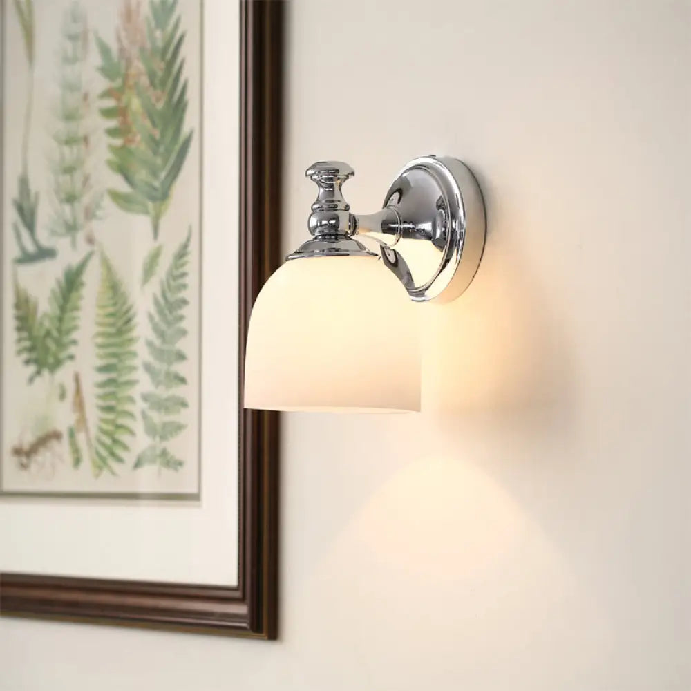 Milk White Glass Bell Wall Sconce: Traditional Indoor Lamp With 1/2-Bulb Chrome Mount 1 /