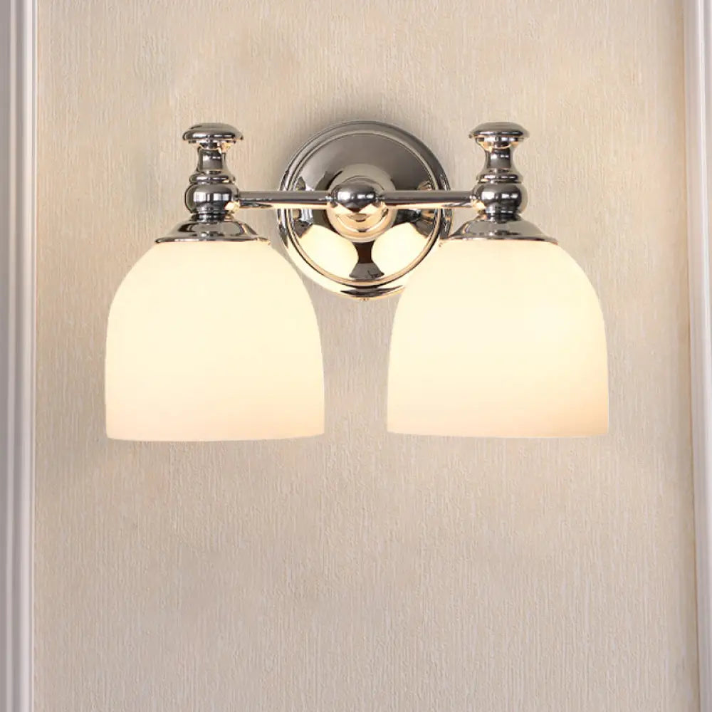 Milk White Glass Bell Wall Sconce: Traditional Indoor Lamp With 1/2-Bulb Chrome Mount 2 /