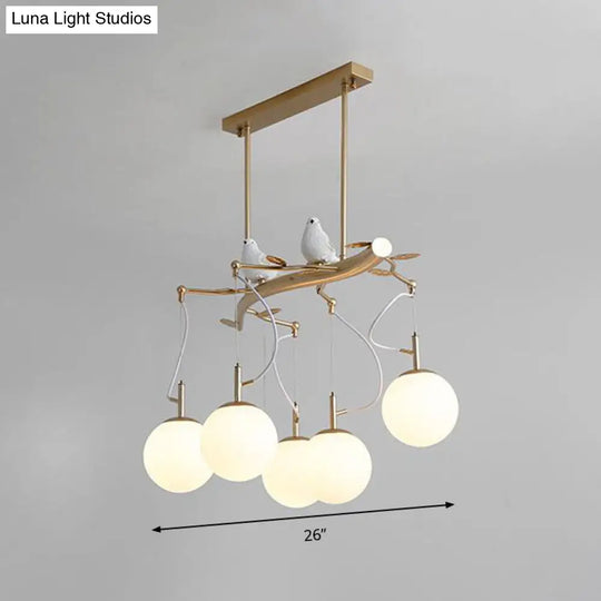 Stunning Milky Glass Sphere Chandelier Pendant - Postmodern 5-Head Gold Hanging Light Kit With Bird