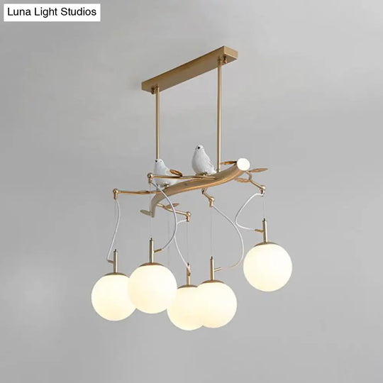 Stunning Milky Glass Sphere Chandelier Pendant - Postmodern 5-Head Gold Hanging Light Kit With Bird