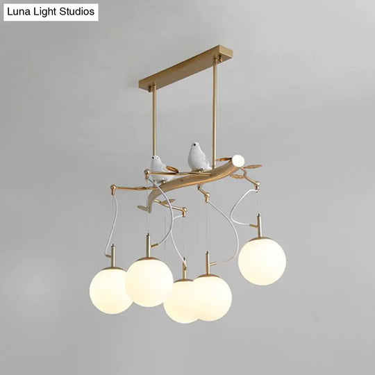 Milky Blown Glass Sphere Chandelier Pendant With Gold Finish - Postmodern 5-Head Hanging Light Kit