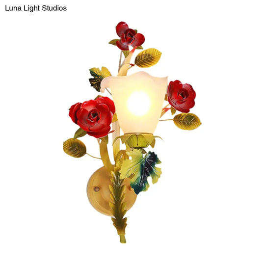 Milky Glass Blossom Wall Sconce Lamp With Yellow 1/2 Heads & Rose Decor - Country Lighting