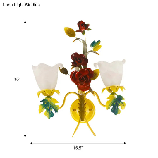 Milky Glass Blossom Wall Sconce Lamp With Yellow 1/2 Heads & Rose Decor - Country Lighting