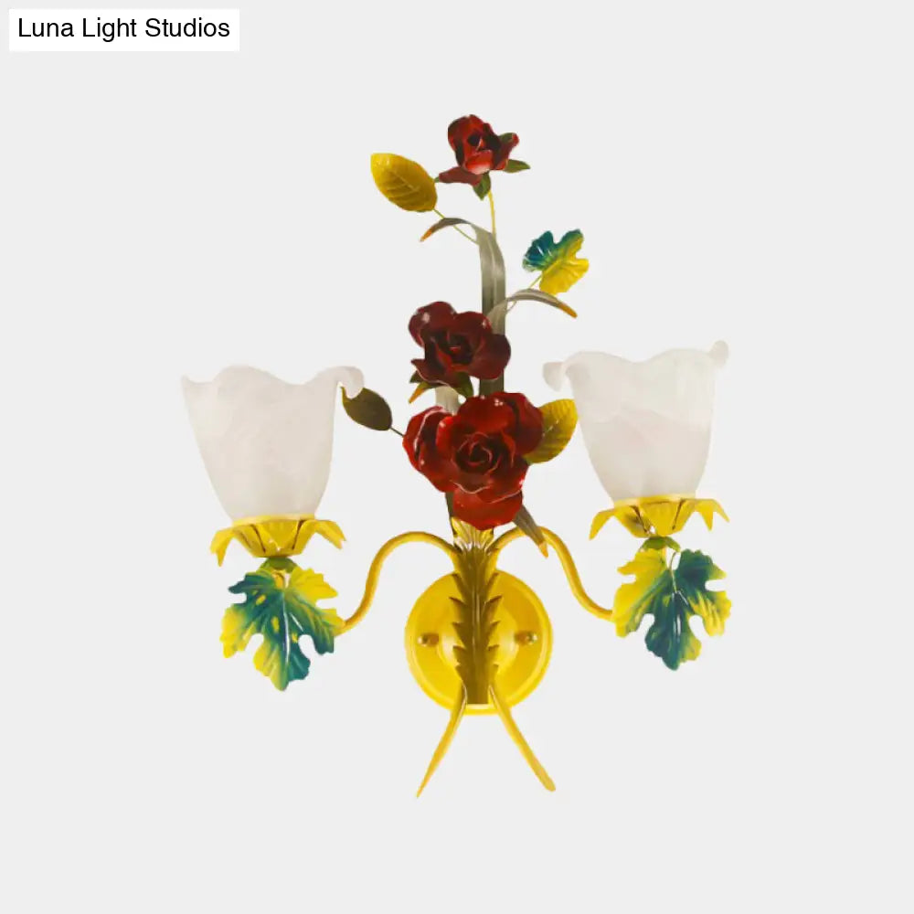 Milky Glass Blossom Wall Sconce Lamp With Yellow 1/2 Heads & Rose Decor - Country Lighting