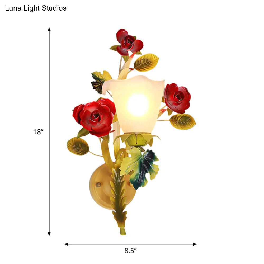 Milky Glass Blossom Wall Sconce Lamp With Yellow 1/2 Heads & Rose Decor - Country Lighting