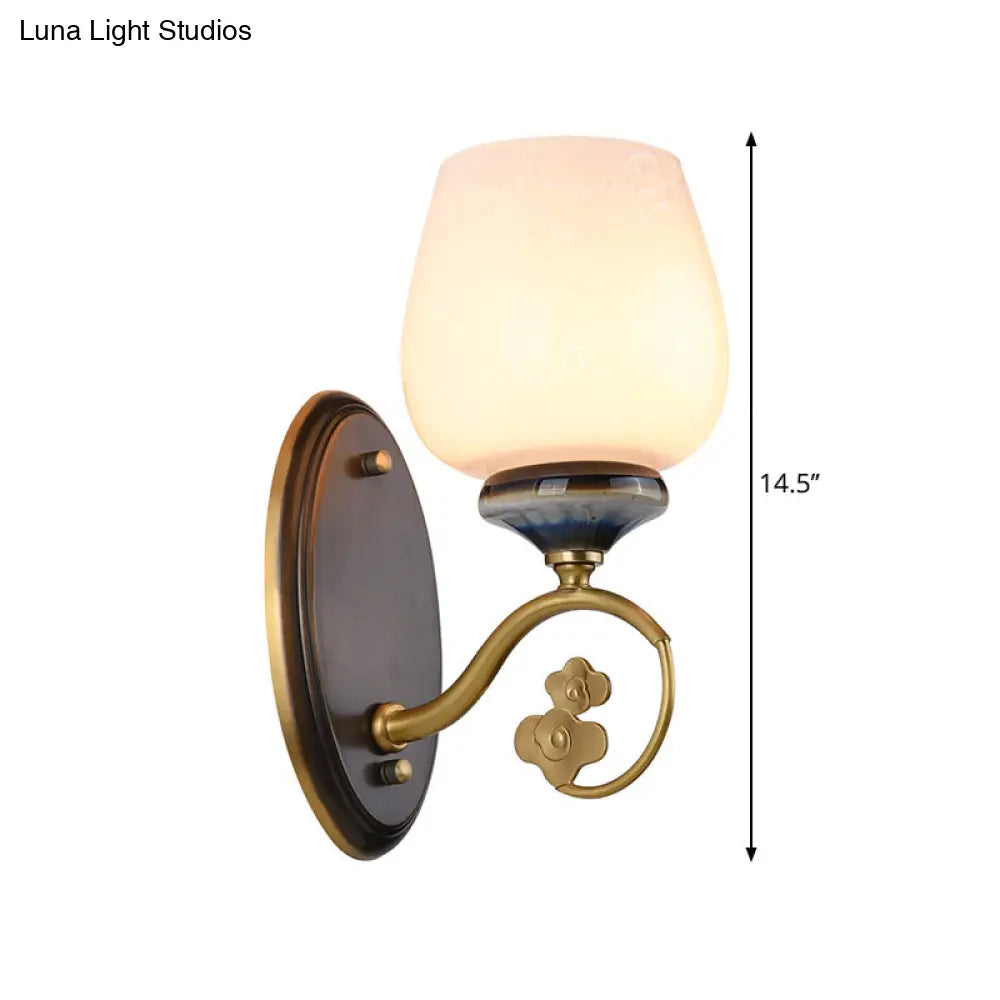 Milky Glass Brass Sconce: Traditional 1-Light Wall Fixture For Living Room