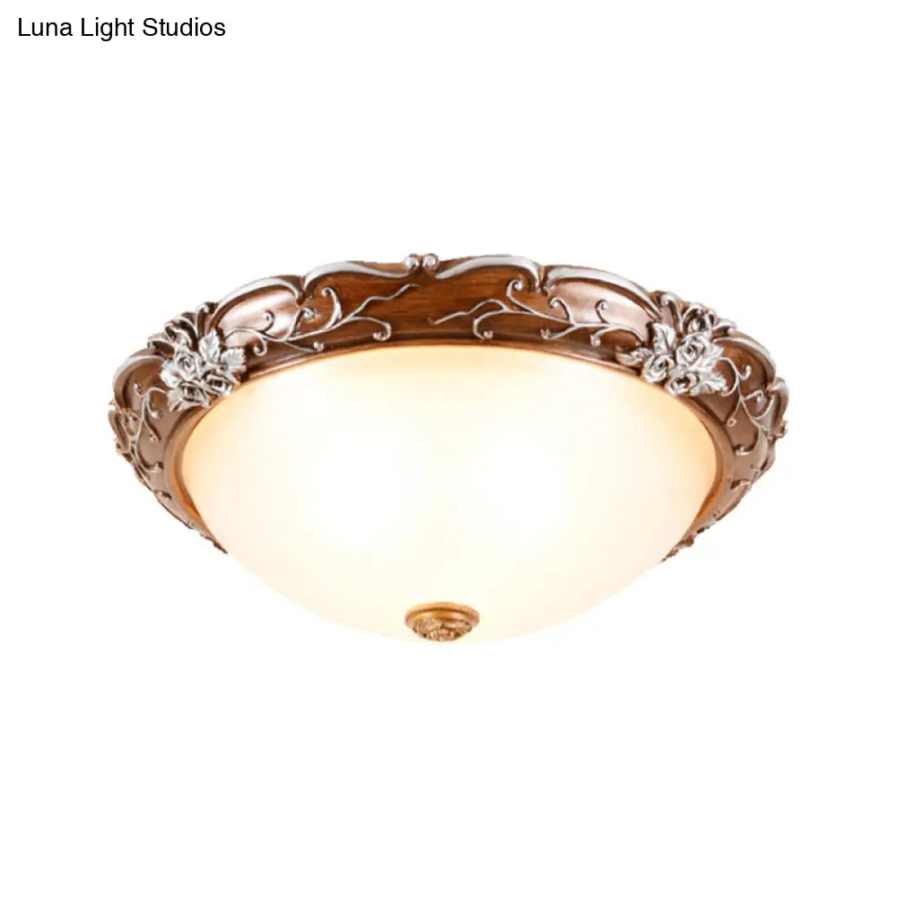 Milky Glass Brown Ceiling Lamp - Semi - Spherical 3 Bulb Flush Mount Lighting With Flower Pattern