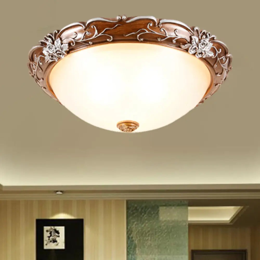 Milky Glass Brown Ceiling Lamp - Semi - Spherical 3 Bulb Flush Mount Lighting With Flower Pattern