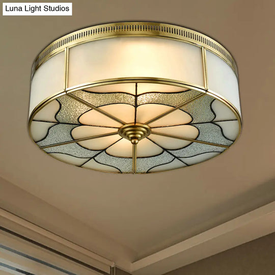 Milky Glass Ceiling Mounted Fixture: Colonial 3-Bulb Bedroom Flush Mount Lamp In Brass