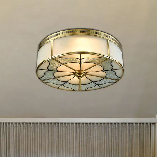 Milky Glass Ceiling Mounted Fixture: Colonial 3-Bulb Bedroom Flush Mount Lamp In Brass