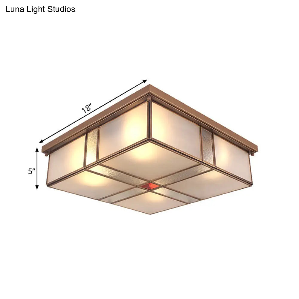 Milky Glass Colonial Ceiling Lamp - Square Flush Mount Fixture For Living Room With Brass Finish