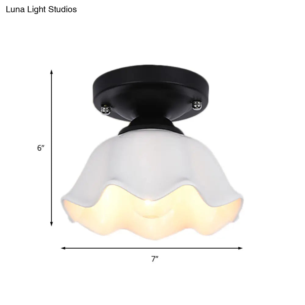 Milky Glass Industrial Living Room Light Fixture - Scalloped Semi Flush Black Finish +