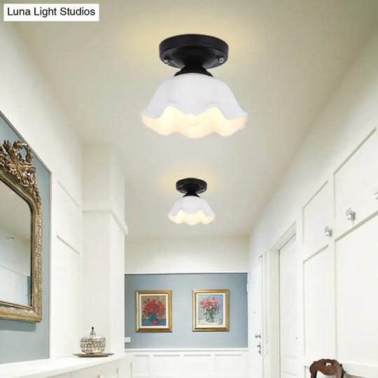Sleek Black Scalloped Living Room Semi Flush Industrial Ceiling Light With Milky Glass White