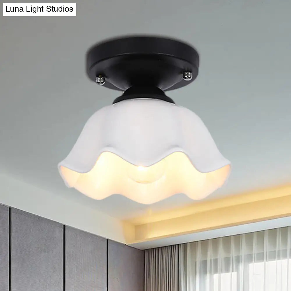 Sleek Black Scalloped Living Room Semi Flush Industrial Ceiling Light With Milky Glass