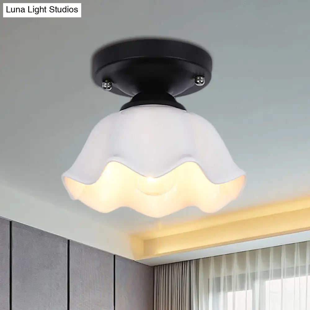 Milky Glass Industrial Living Room Light Fixture - Scalloped Semi Flush Black Finish +