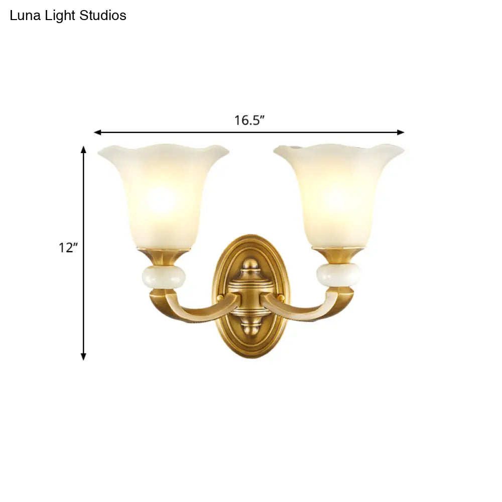 Milky Glass Petal Wall Sconce - Classic Style 1/2-Bulb Lamp With Gold Finish For Corridor