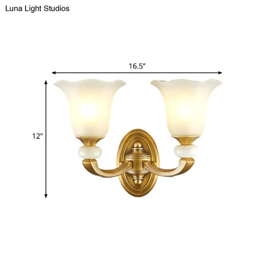 Milky Glass Petal Wall Sconce - Classic Style 1/2-Bulb Lamp With Gold Finish For Corridor