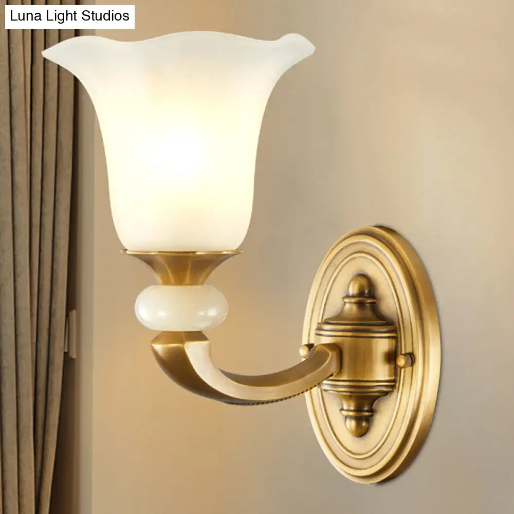 Milky Glass Petal Wall Sconce - Classic Style 1/2-Bulb Lamp With Gold Finish For Corridor