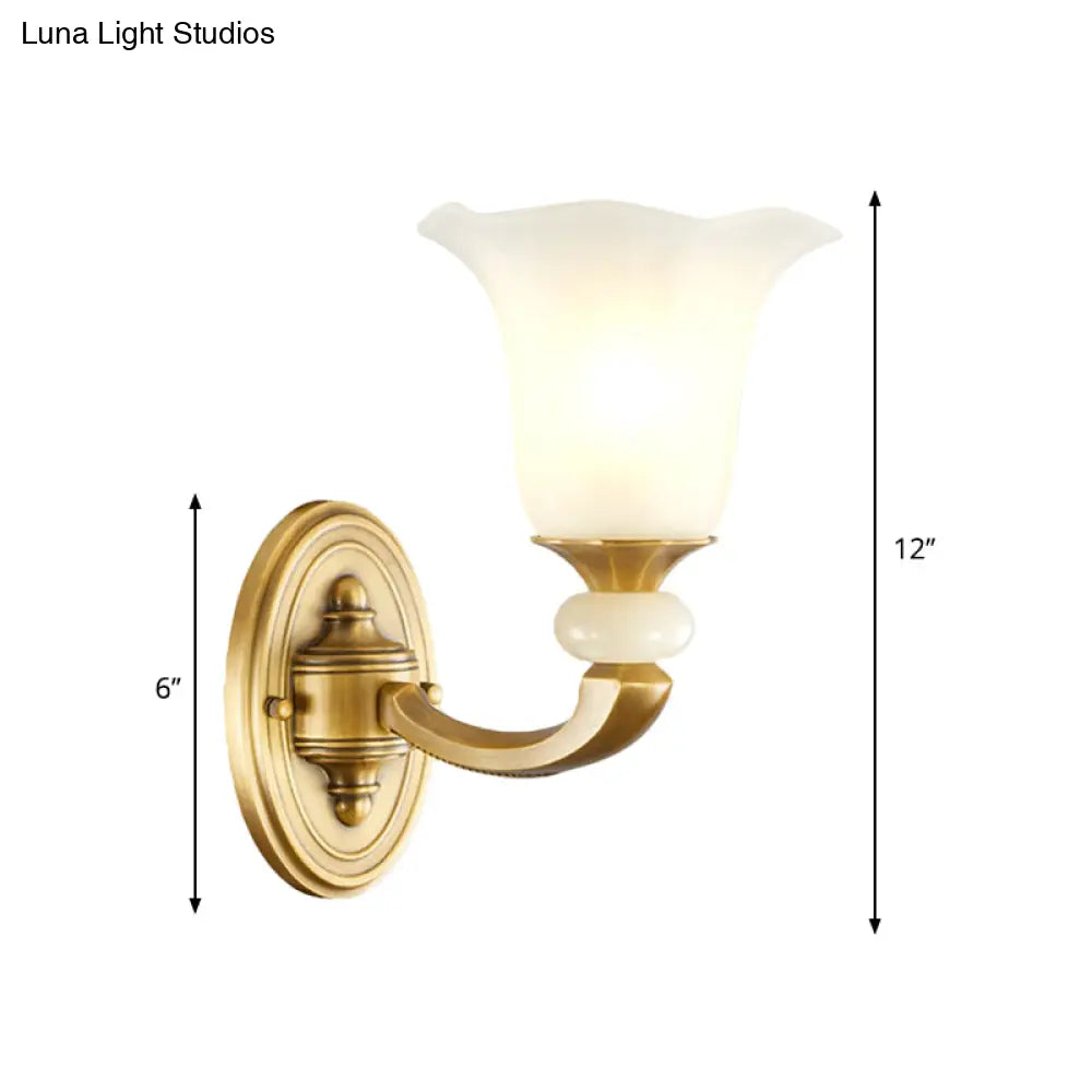 Milky Glass Petal Wall Sconce - Classic Style 1/2-Bulb Lamp With Gold Finish For Corridor