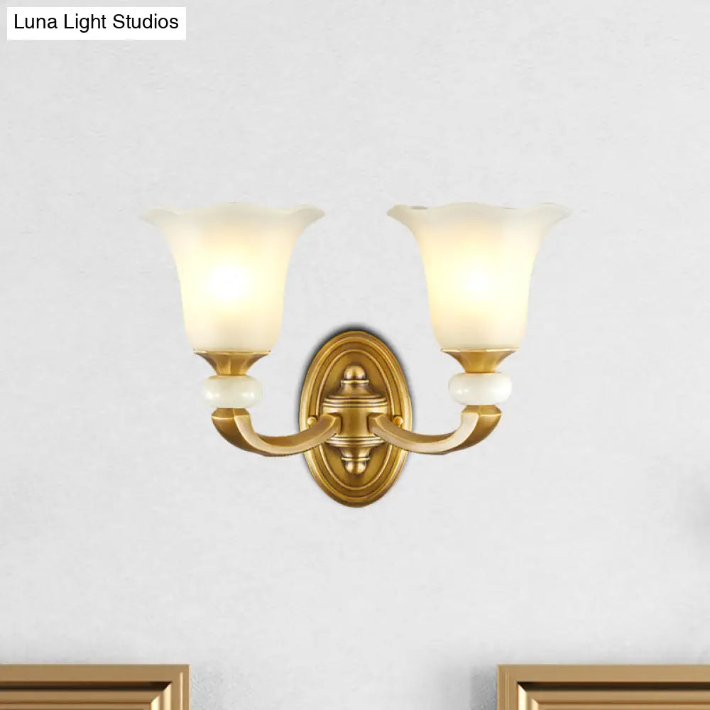 Milky Glass Petal Wall Sconce - Classic Style 1/2-Bulb Lamp With Gold Finish For Corridor