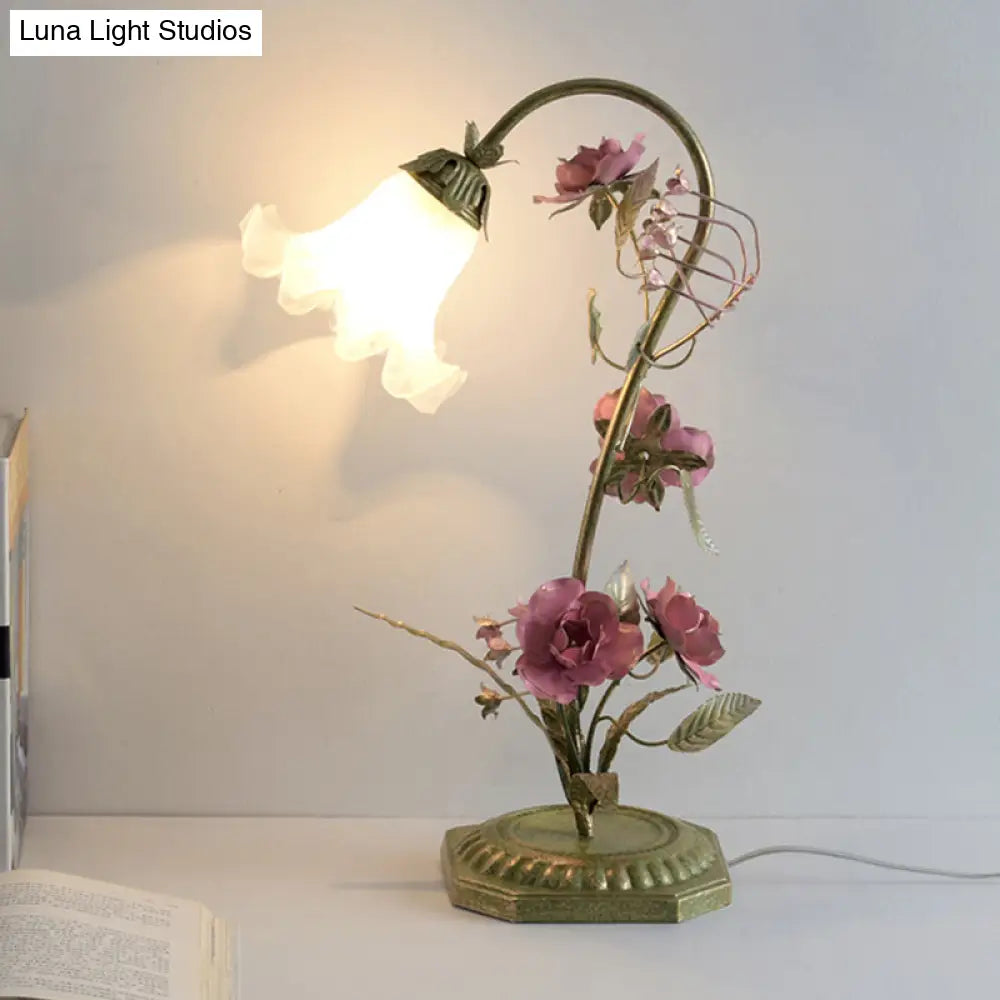 Milky Glass Ruffle Nightstand Lamp - Pastoral Style | Bedroom Night Light With Flower Deco Green Arm