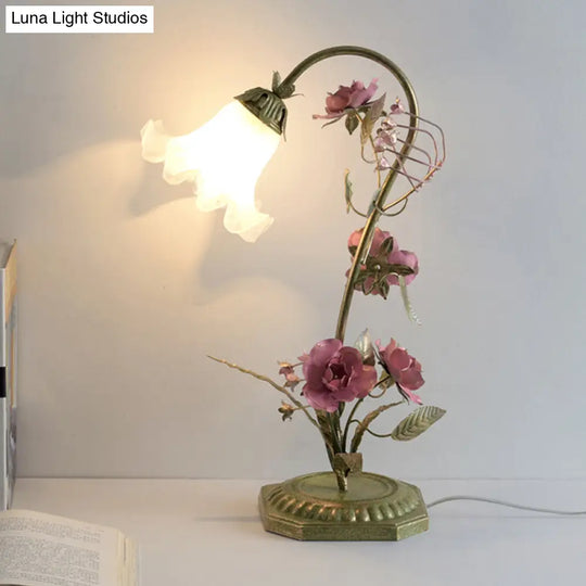 Milky Glass Ruffle Nightstand Lamp - Pastoral Style | Bedroom Night Light With Flower Deco Green Arm