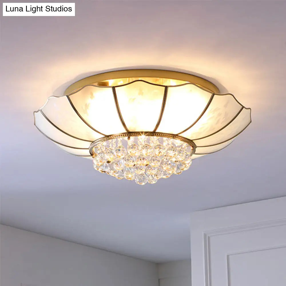 Milky Glass Scalloped Flush Light - 4/6 Lights Bedroom Mount With Crystal Ball