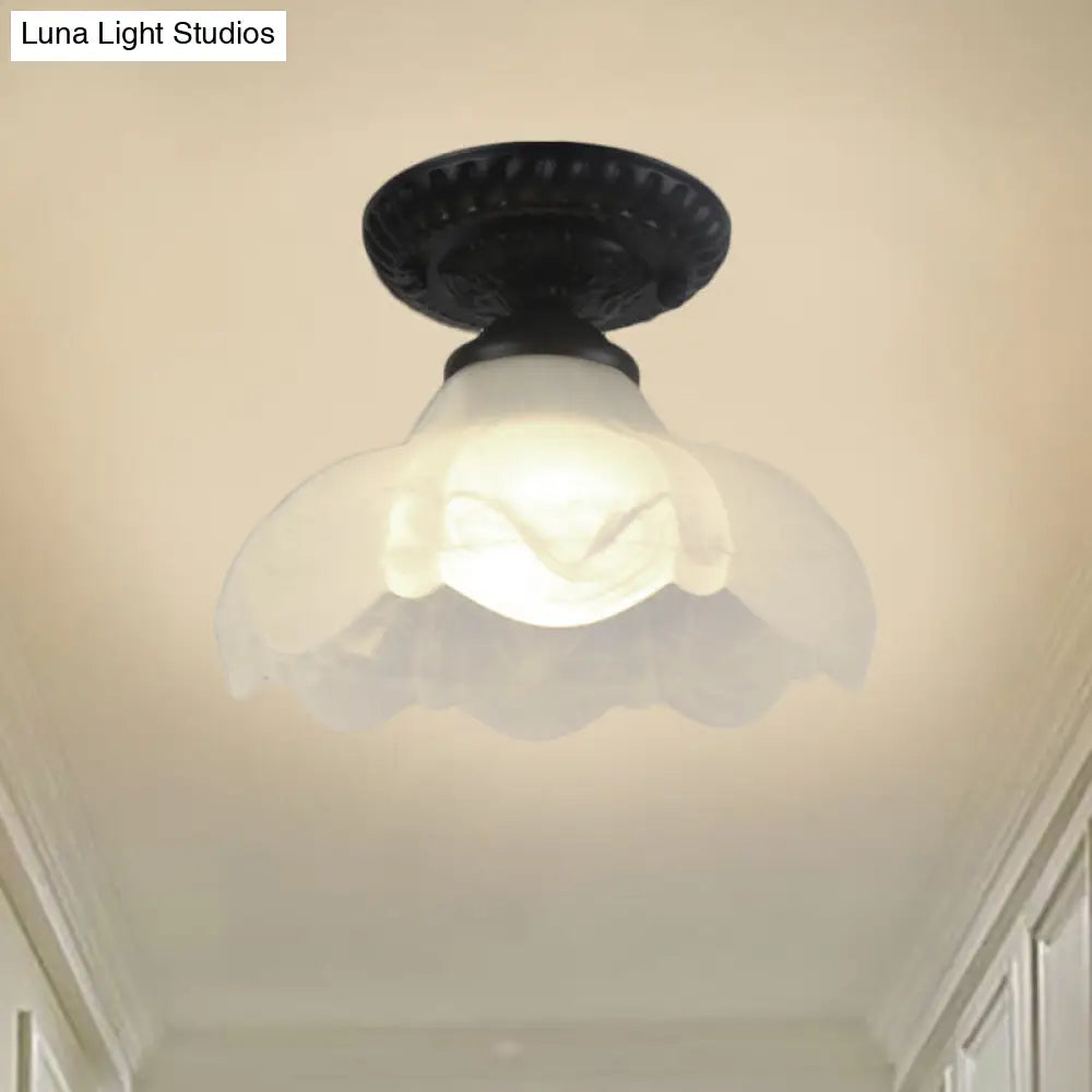 Modern Semi Flush Industrial Light Fixture - Scalloped Milky Glass 1-Bulb Ideal For Living Room Or