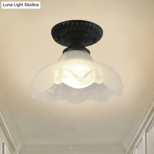 Modern Semi Flush Industrial Light Fixture - Scalloped Milky Glass 1-Bulb Ideal For Living Room Or