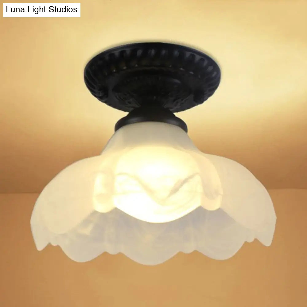 Modern Semi Flush Industrial Light Fixture - Scalloped Milky Glass 1-Bulb Ideal For Living Room Or