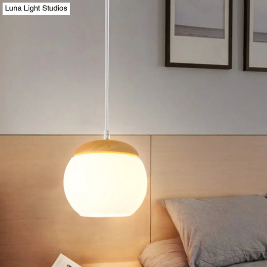 Milky Glass Sphere Pendant Light For Bedside With Wood Accent