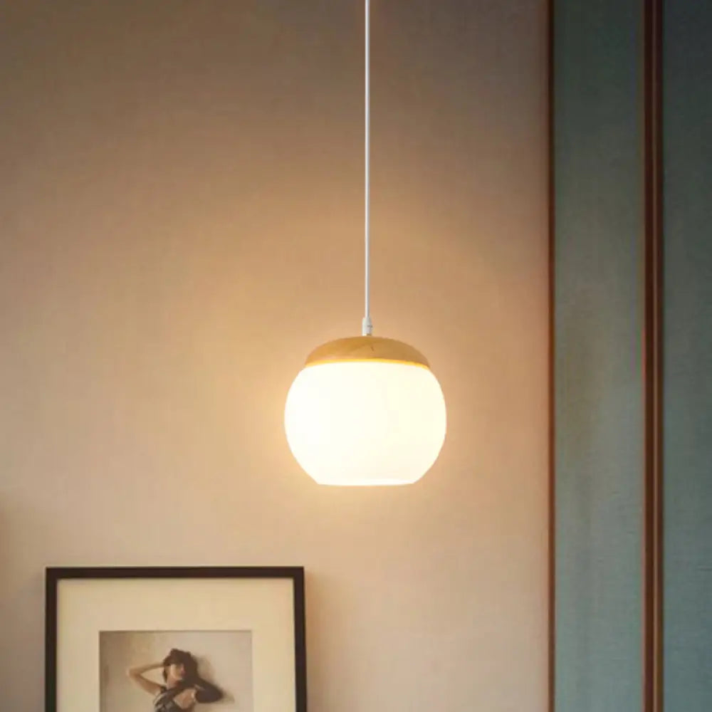 Milky Glass Sphere Pendant Light For Bedside With Wood Accent