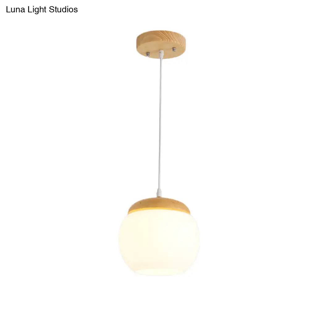 Modern Milky Glass Sphere Pendant Light With Wood Drop - Ideal For Bedside Use