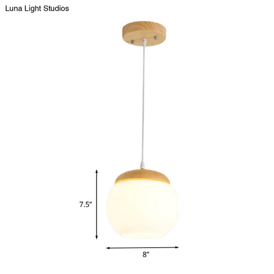 Milky Glass Sphere Pendant Light For Bedside With Wood Accent