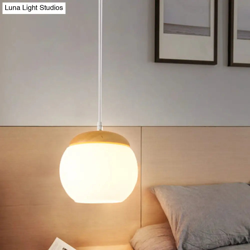 Modern Milky Glass Sphere Pendant Light With Wood Drop - Ideal For Bedside Use