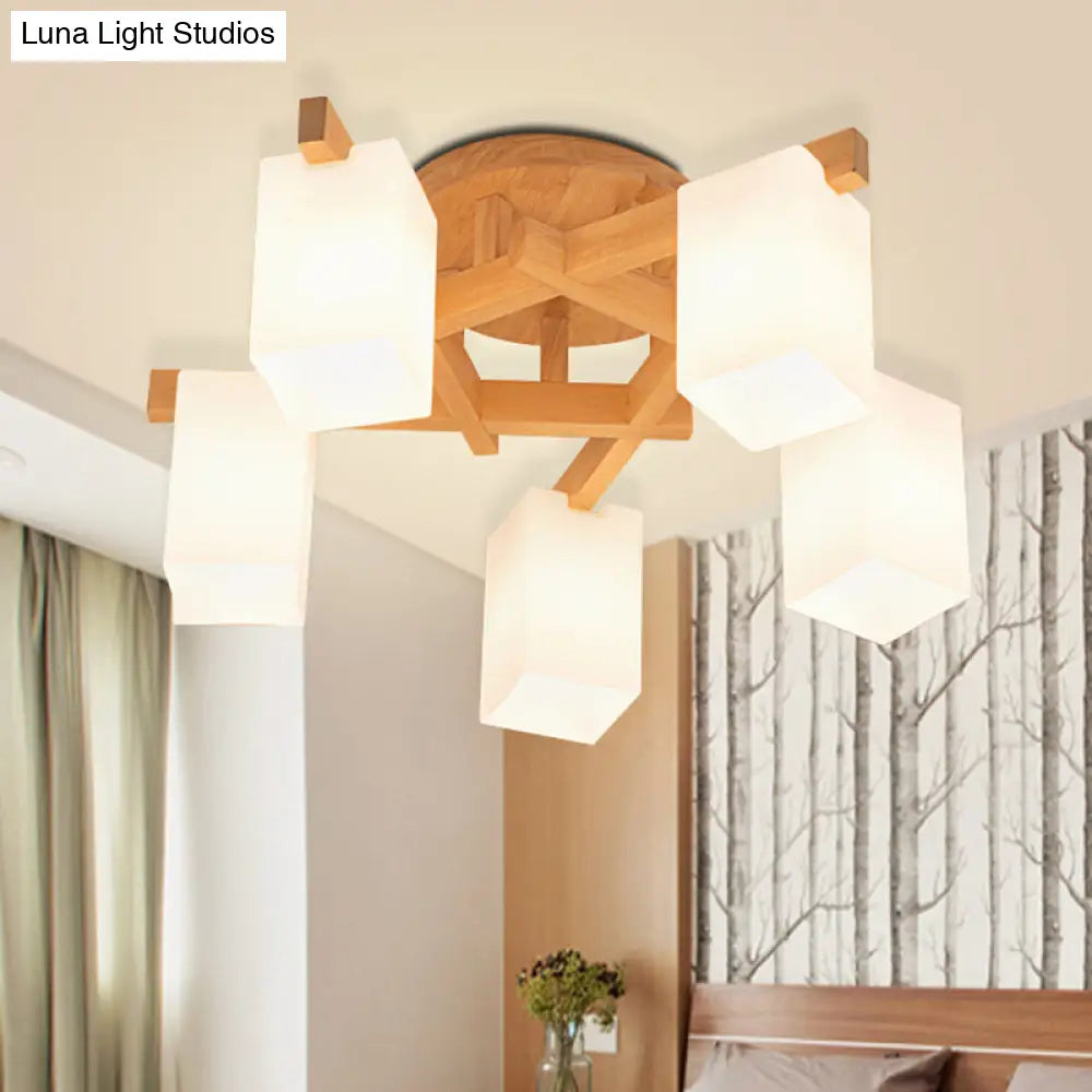 Milky White Glass Branch Ceiling Light - Modern Wood Finish Flush Mount Design