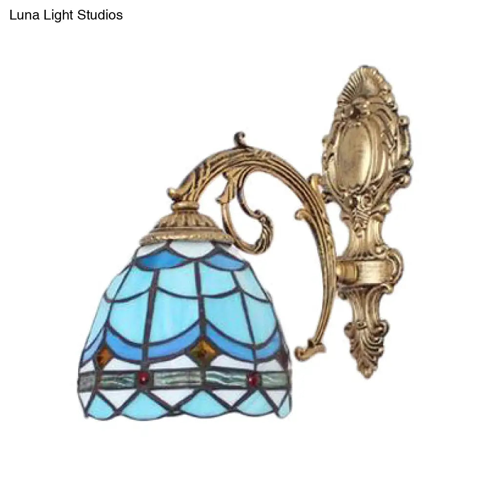 Mini Baroque Stained Glass Wall Sconce - 1 Light Curved Arm Ideal For Living Room