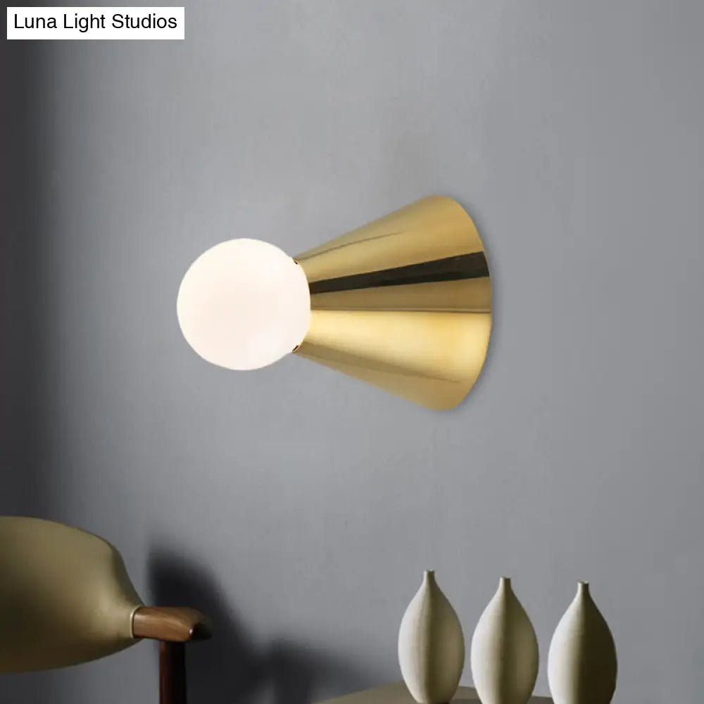 Mini Brass Coneball Wall Light With Single White Glass Sconce - Elegant Dining Room Fixture