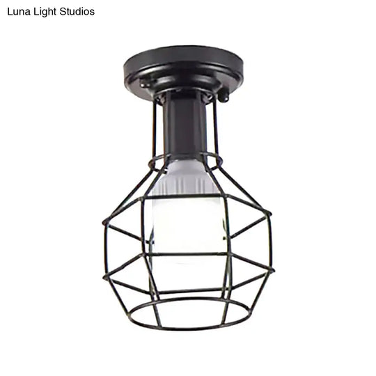 Mini Caged Ceiling Mounted Industrial Black Metal Light Fixture For Corridor