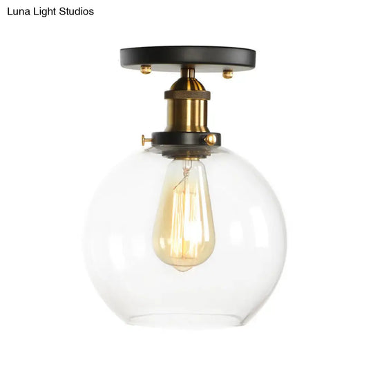 Mini Corridor Semi Flush Light Farmhouse Globe/Pear Ceiling Lamp Clear Ribbed Glass Black & Brass