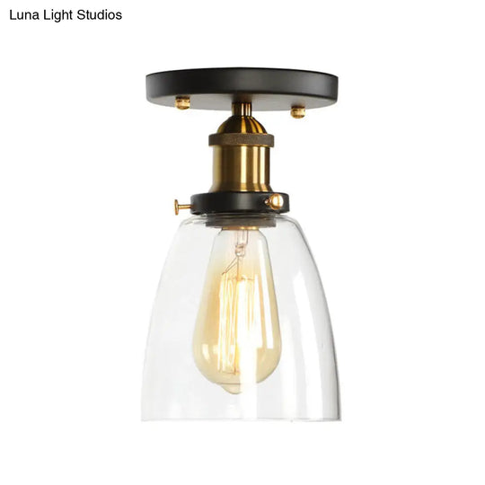 Mini Corridor Semi Flush Light Farmhouse Globe/Pear Ceiling Lamp Clear Ribbed Glass Black & Brass