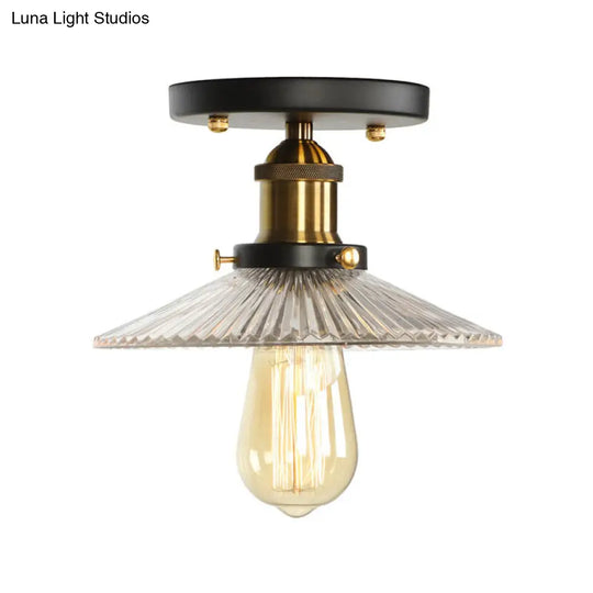 Mini Corridor Semi Flush Light Farmhouse Globe/Pear Ceiling Lamp Clear Ribbed Glass Black & Brass