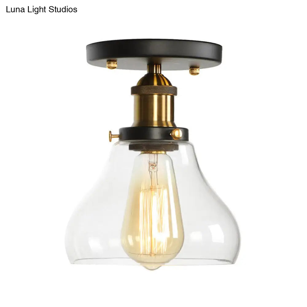 Mini Corridor Semi Flush Light Farmhouse Globe/Pear Ceiling Lamp Clear Ribbed Glass Black & Brass