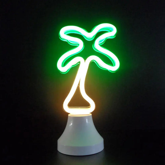 Mini Led Cartoon Table Lamp - Battery Powered Bedroom Nightstand Light In White / Coconut Tree