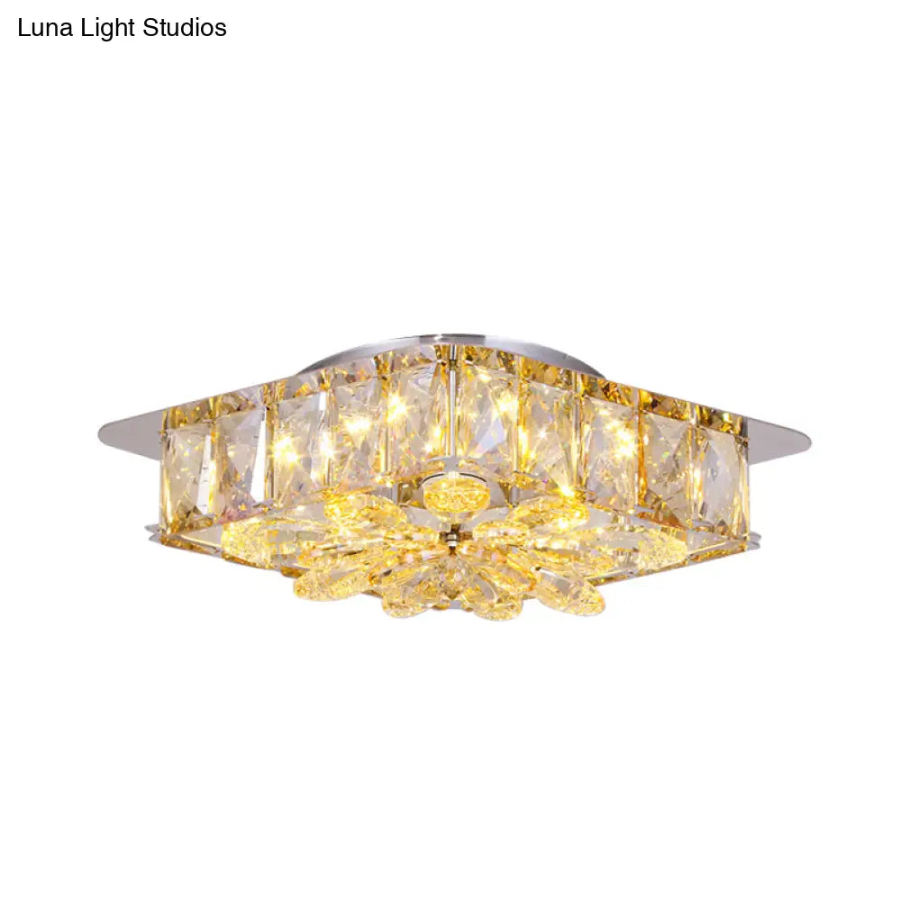 Mini Led Flush Light With Square & Flower Design – Simple Amber Or Smoke Grey Crystal Ceiling