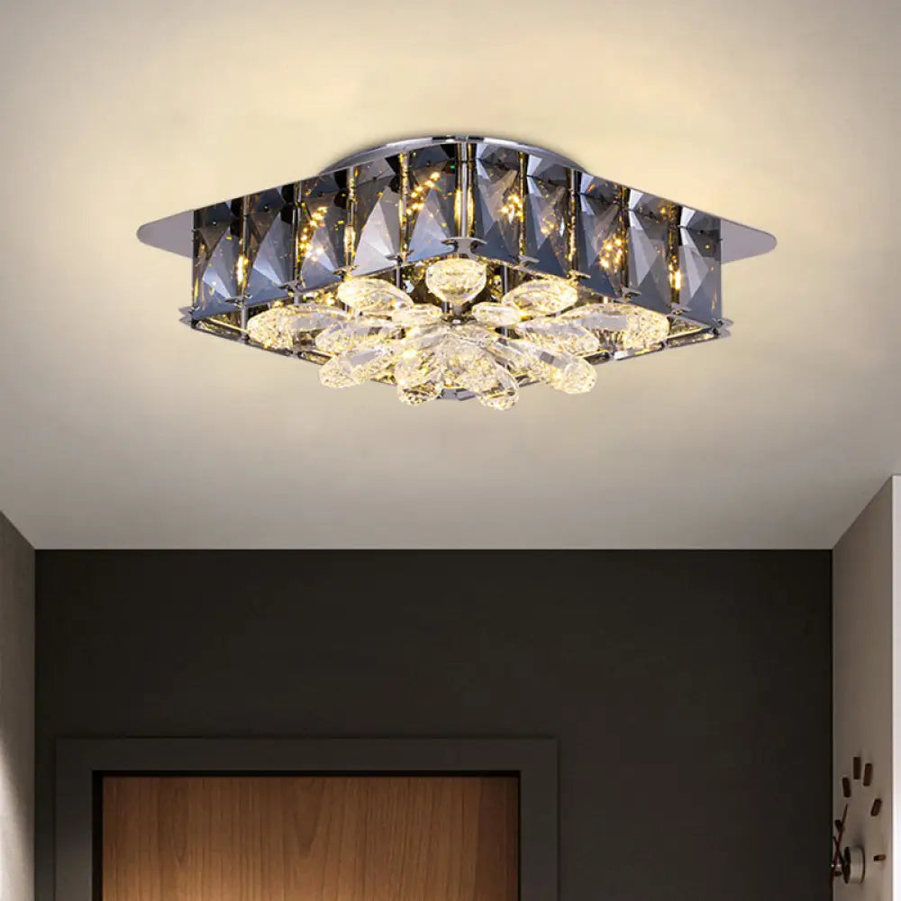 Mini Led Flush Light With Square & Flower Design – Simple Amber Or Smoke Grey Crystal Ceiling