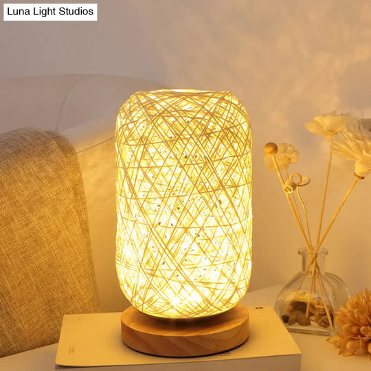 Mini Nightstand Lamp - Roped Oblong Design In Macaron Beige/Blue/Brown With Usb Charging Led Light