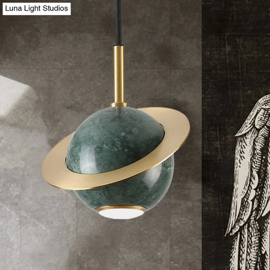 Green/White/Black-Brass Mini Planet Pendant Lamp - Modern Marble Ceiling Light With 1 Bulb Green